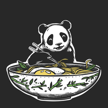 Panda eating ramen noodles with egg. Panda holding sticks.