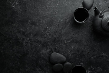 Japanese cooking background. Black stone background. Free space for your text
