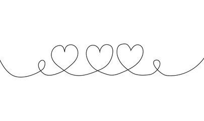 three heart line draw on white isolated background. Continuous one line drawing.
