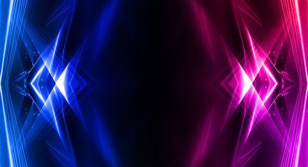 Obraz premium Empty stage, blue and pink, purple neon, abstract background. Rays of searchlights, light, abstract tunnel, corridor. Dark futuristic background, smoke, smog.
