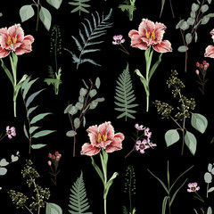 Spring flowers. Flower vintage seamless pattern. Oriental style. Tulips and herbs on black background. Colorful backdrop for textiles, paper, wallpaper.