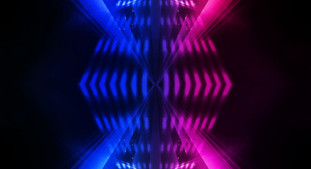 Obraz premium Empty stage, blue and pink, purple neon, abstract background. Rays of searchlights, light, abstract tunnel, corridor. Dark futuristic background, smoke, smog.