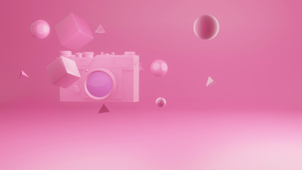Vintage camera in vibrant bold gradient purple and pink holographic colors. Geometry figure cloud. Concept art. Minimal summer surrealism.
