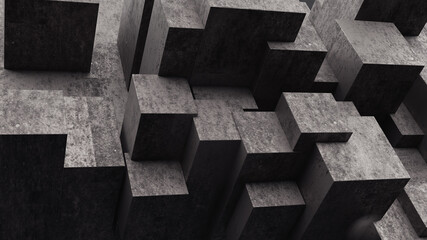 Perspective dark scratch and rust cube concrete or metal wall abstract background. 3d rendering