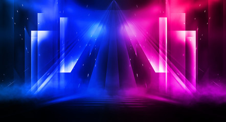 Empty stage, blue and pink, purple  neon, abstract background. Rays of searchlights, light, abstract tunnel, corridor. Dark futuristic background, smoke, smog.