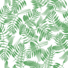 Seamless watercolor pattern green leaves of watercolor brush strokes on a white background