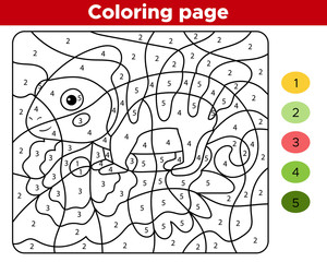 Number coloring page for children. Cartoon chameleon with exotic flower. Jungle animals. Educational game for preschoolers. Learn numbers and colors.