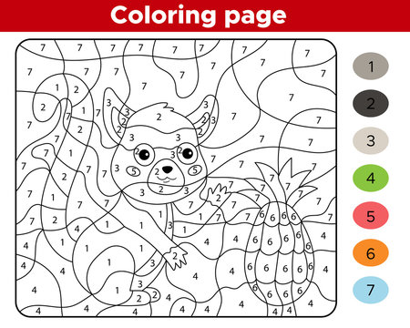 Educational game for preschoolers. Number coloring page. Cute kawaii lemur with pineapple. Jungle animals. Vector illustration.