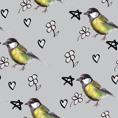 Fototapeta premium Seamless watercolor pattern with drawn birds and design elements on a light gray background..