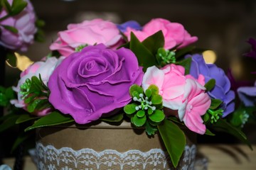 Beautiful bouquet of flowers from soap close-up
