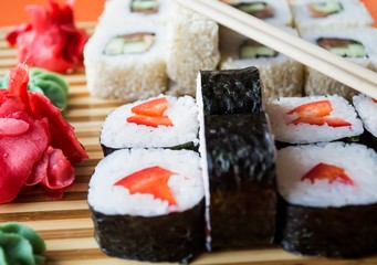 Sushi set on a tray close-up