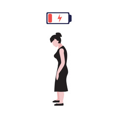 Vector flat illustration of standing woman in black dress with red lower buttery above her head. Burn out, stress on work, tired mother or hard working concept