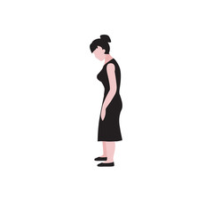 Fototapeta premium Vector flat illustration of standing woman in black dress. Burn out, stress on work, tired mother or hard working concept