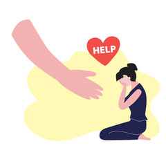 Vector illustration of white woman with dark hair sits on the floor and crying near lending big hand little red heart with word 