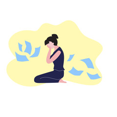 Vector illustration of sitting young girl or woman with dark hair crying on the floor around flying scattered papers or documents. Burn out on work concept. Stress and deadline
