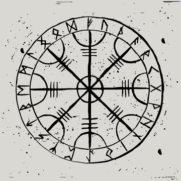 Aegishjalmur. Scandinavian runic amulet with a futhark in a circle. Symbol of protection. Helmet of Horror.