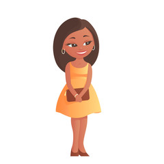 Nice girl is standing in a yellow summer dress. In the hands of a handbag for ladies. There is a smile on his face. Vector cartoon isolated illustration.