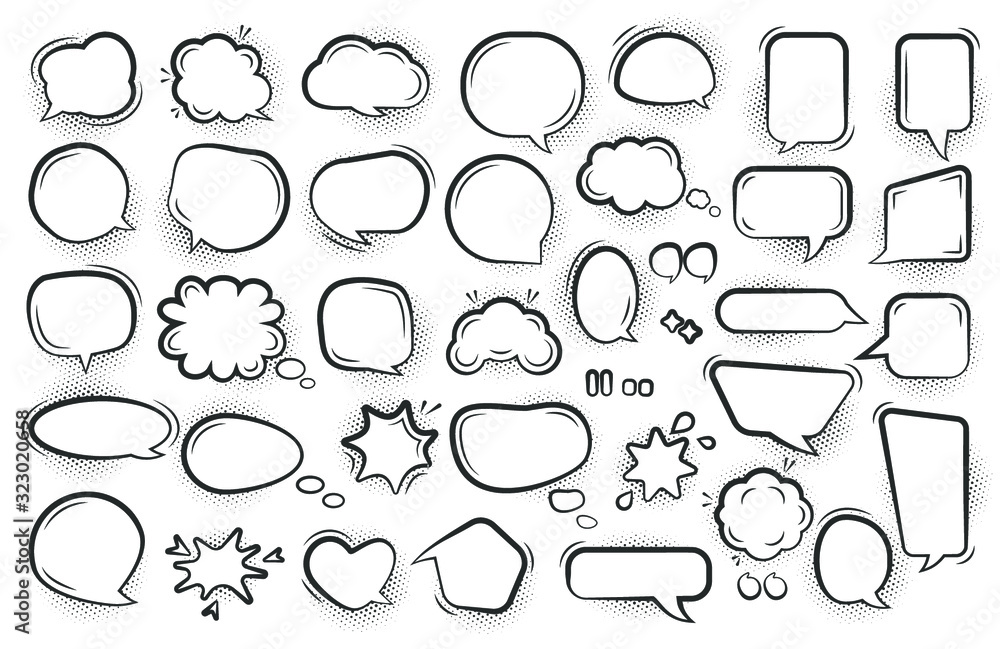 Poster comic speech bubble set. cartoon empty text clouds with halftone dot shadow. different shapes blank 