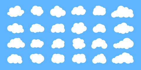 Obraz premium White cloud flat cartoon set on blue sky background. Abstract different shape clouds icon, weather sign. Fun speech bubble, text box template. Web cloudy service symbol. Isolated vector illustration