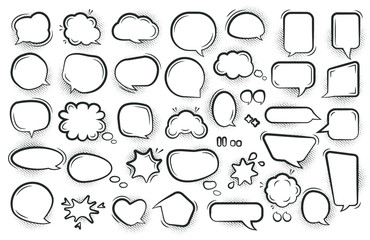 Comic speech bubble set. Cartoon empty text clouds with halftone dot shadow. Different shapes blank pop art line doodle bubbles. Comics message ballon template. Isolated on white vector illustration
