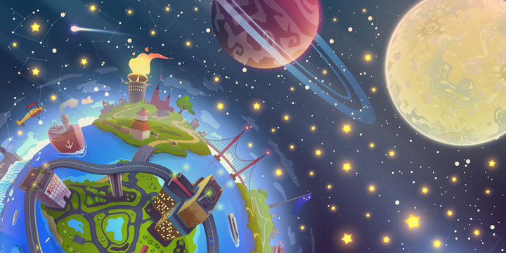 Fantasy space landscape with magic 3d Earth over night sky with stars, Moon and planets illustration in vector, globe drawing over dark cosmos in cartoon style.