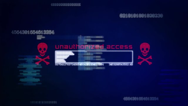 Computer screen shows unauthorized access error message that the PC has been hacked. The system data is under threat and the password and data are under attack.