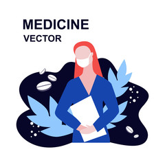 Vector illustraion of dark head woman doctor with red paper holder and speech bubble with medicine sign isolate on blue background. Virus danger concept web banner on site Coronavirus caution