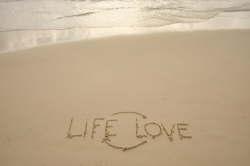 Text on a sunny beach at Tulum Mexico. The word written life love in the sand by hand. The concept of love for life. Copy space