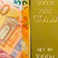 Euro cash and gold bar. Banknotes. Money. Bill. Ingot. Bullion.