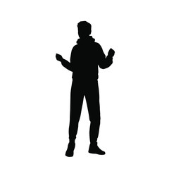 Vector silhouette of a man standing with his hands raised, black color, isolated on a white background