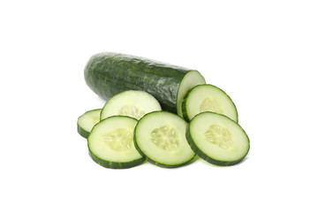 Fresh cucumber and slices isolated on white background