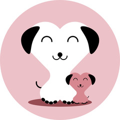 funny dogs in the shape of a heart in cartoon flat style on a round logo background