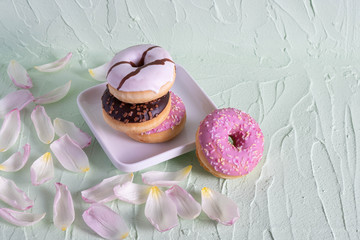 multi-colored donuts on white dishes on a table