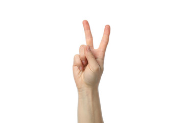 Female hand showing two fingers, isolated on white background