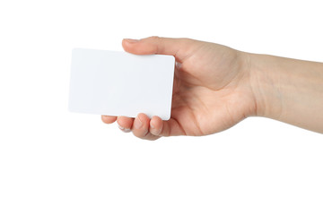 Obraz premium Female hand holding blank business card, isolated on white background