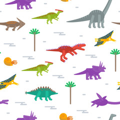 Seamless pattern with flat style icons of dinosaurs. Background for different design.