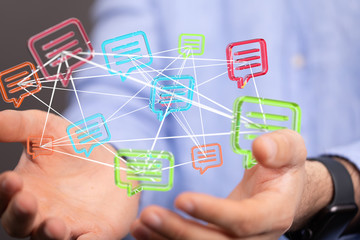 Digital icons with colorful dialog speech bubbles.