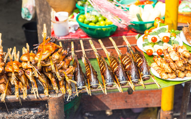 fried meat on asiatic street food  market