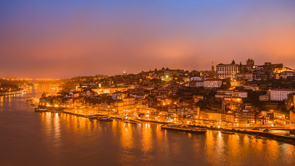 Panorama of old city Porto at sunset.