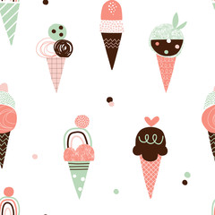 Decorative paper cut doodle textured ice cream vector seamless pattern. Childish Scandinavian dessert in waffle cone with squiggle, zigzag, line, dot texture background. Summer kid design.