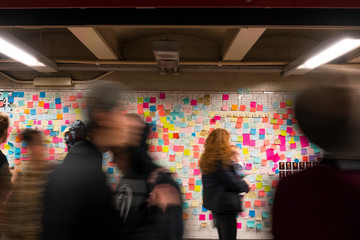 New Yorkers are covering the subway station wall in emotional election sticky notes after the...