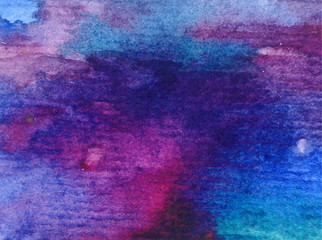 Watercolor abstract bright colorful textural background handmade . Painting of sky and clouds during sunset . Modern cosmic pattern . Shine