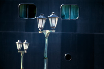 retro street lamps on the dark background 