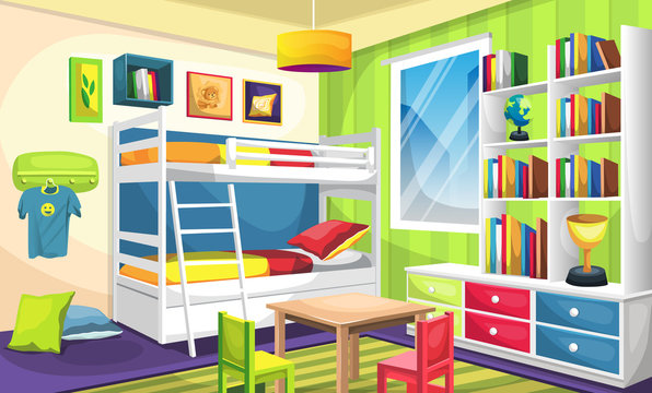 Clean Kids Sleep Room with Bunk Bed, Desk with full of books and trophy, Ceiling Lamps, Wall Picture, Hangers, Bed, Pillow for Vector Illustration Interior Design Ideas