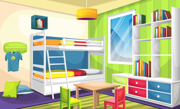Kids Sleep Room with Bunk Bed, Desk with full of books and trophy, Ceiling Lamps, Wall Picture, Hangers, Bed, Pillow for Vector Illustration Interior Design Ideas