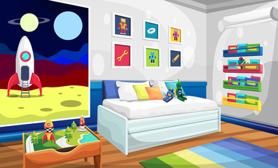 Clean Kids Room with Relaxing Sofa, Rocket Space Picture, Robot Alien Wall Picture, Books and Table for Vector Illustration Interior Design Ideas