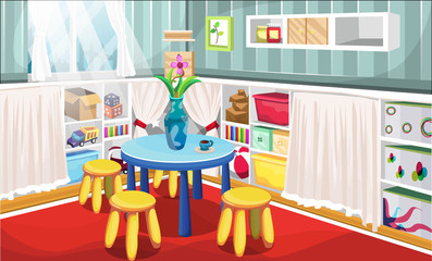 Clean Dirty Kids Corner Room with Table, Flower Canvas, Box of Toys, Dice, Truck Toys in the Shelf Cabinet with Curtain and Chairs for Vector Illustration Interior Design Ideas
