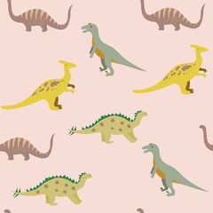 Vector  seamless cartoon pattern with  cute dinosaur's Characters  on the pink background . Childish print for textiles, wallpapers, designer paper, etc
