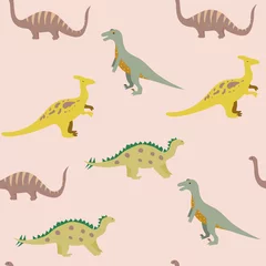 Behang Dinosaurussen Vector naadloze cartoon patroon met schattige dinosaurus tekens op de roze achtergrond. Kinderachtige print voor textiel, behang, designpapier, enz.