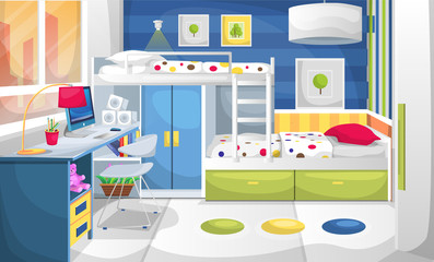 Clean Study and Sleep Room for Kids with Desk Table Computer, Wall Painting, Wardrobe Desk and Bunk Bed for Vector Illustration Interior Design Ideas